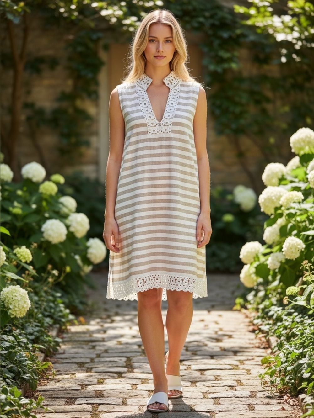 Eliza J Beige & White Striped Eyelet Shift Dress